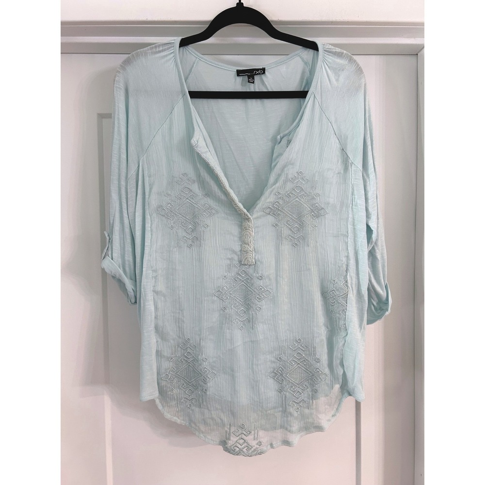 RXB Floral Imprint Women Light Blue Embroidered Boho Blouse Roll Tab Medium
